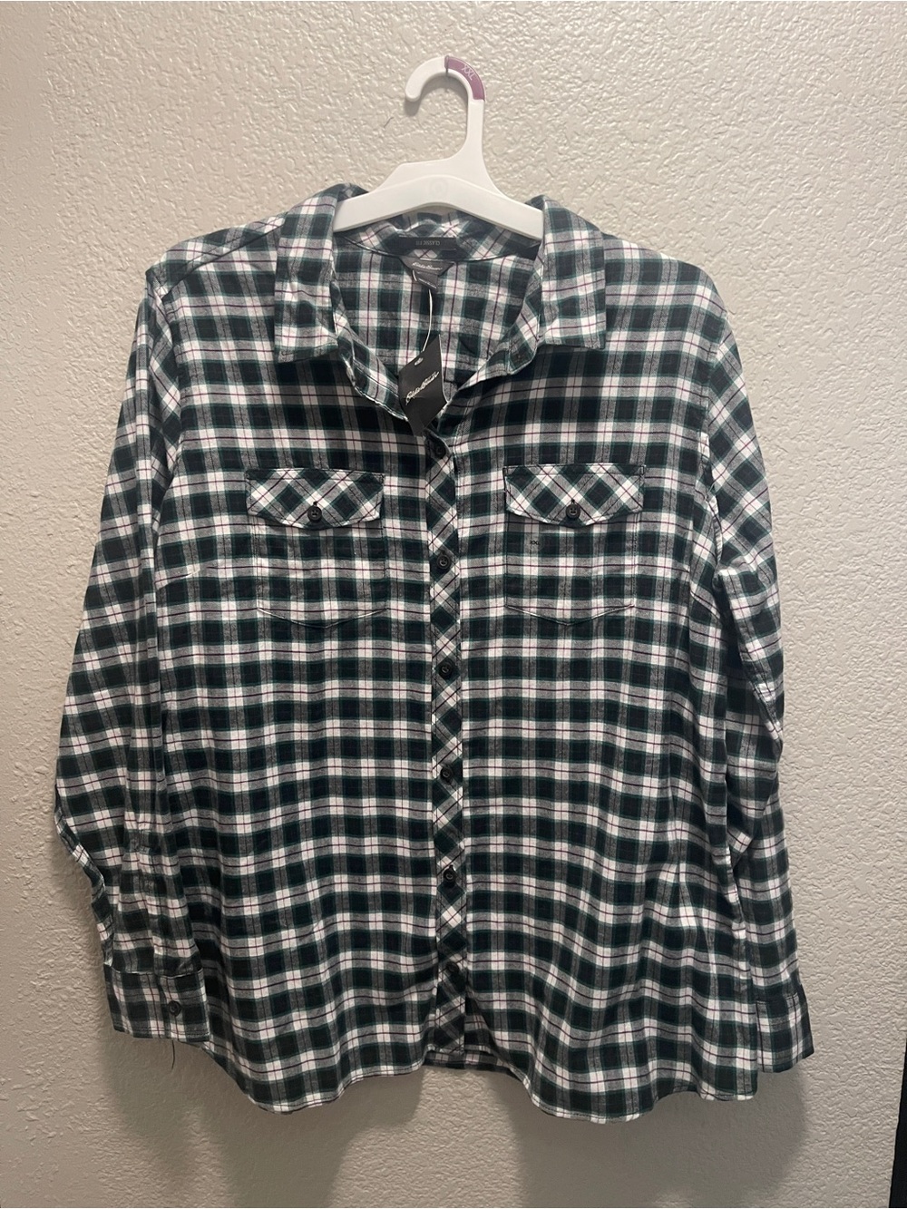 Eddie Bauer Women’s Classic Green and White Plaid Button-Up Shirt